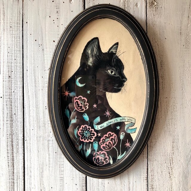 「約束の黒猫」額付 アート作品 原画 徳島洋子作品 アクリル画 猫