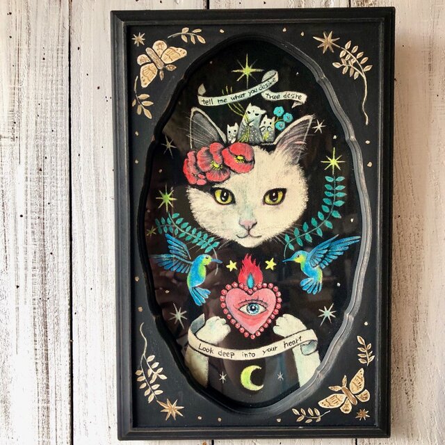 真実の白猫」額付 アート作品 原画 徳島洋子作品 アクリル画 猫