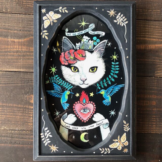 真実の白猫」額付 アート作品 原画 徳島洋子作品 アクリル画 猫