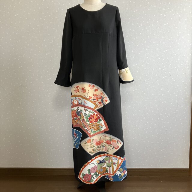 着物リメイク刺繍入り上品ロングワンピース七分袖ブラック