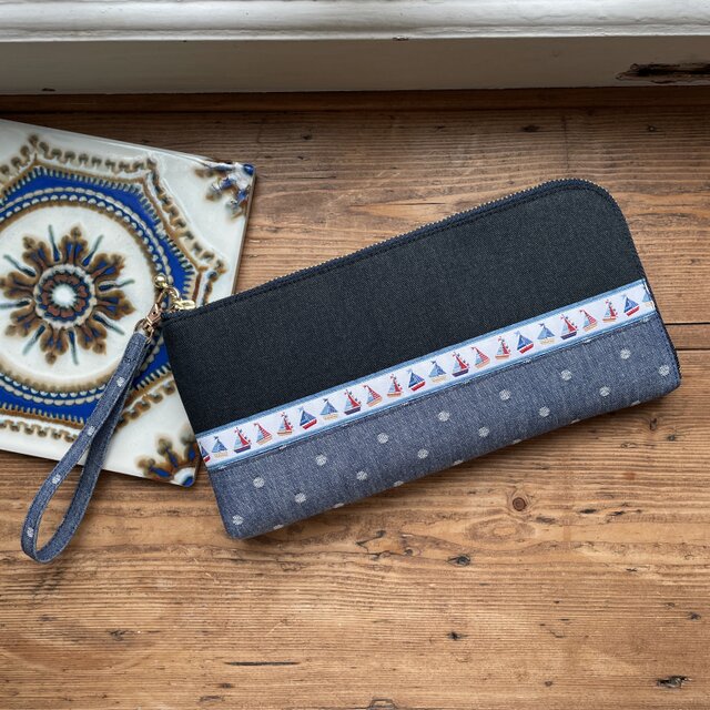 L字ファスナー長財布・acufactum刺繍リボン使用(ヨット柄×水玉)