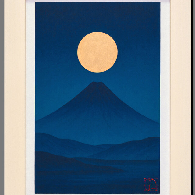 静寂の青『満月と夜の富士山』○AIアート和紙20枚限定A4額装品が