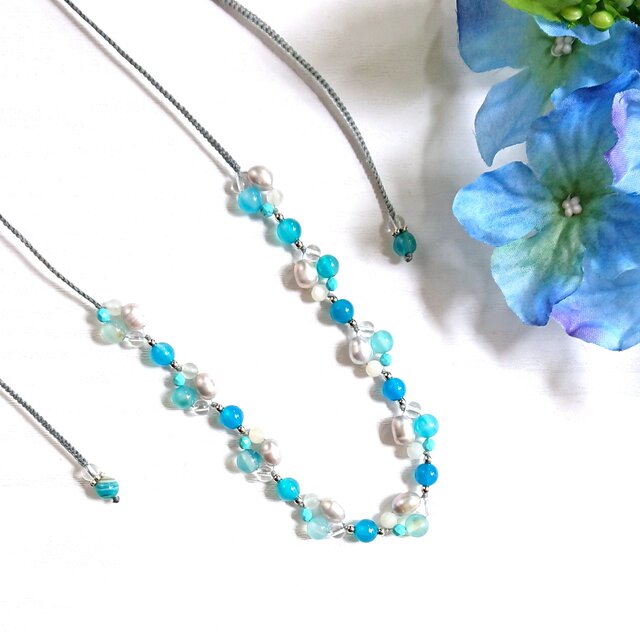 アクアカラーの天然石 フリーサイズネックレス　Y-2054