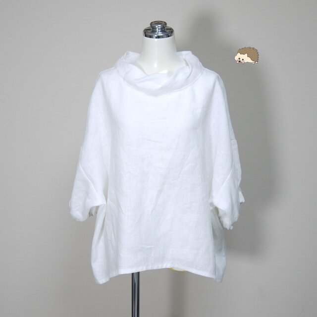 カラーリネン◆ツイストカラーのふんわりプル　五分袖◆オフホワイト◆フリーサイズ（中厚、リネン100％）