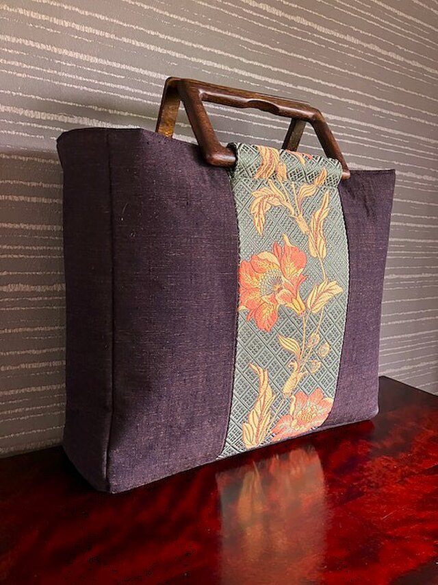 花柄八寸帯と無地紬の剥ぎ手提　【値引きしました】