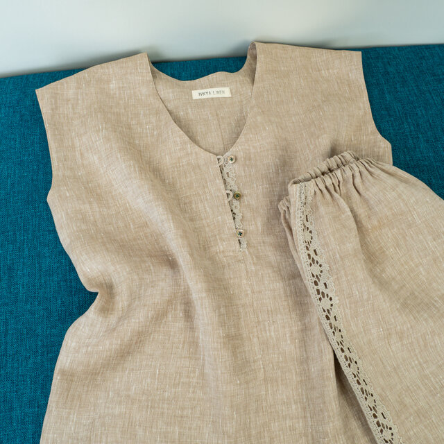 ちょっぴり可憐なリネンのルームウェア【フレンチスリーブ&ショートパンツ・カフェラテ】