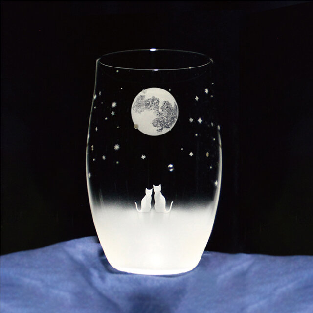 《送料無料》 【一緒にみる満月の夜空／Ｌサイズ】 猫モチーフのタンブラーグラス（vol.1fm-L）★名入れ加工対応品（有料）