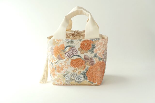 本金箔 格天花鳥文織 シルク帯リメイク ミニトートバック】日常使い