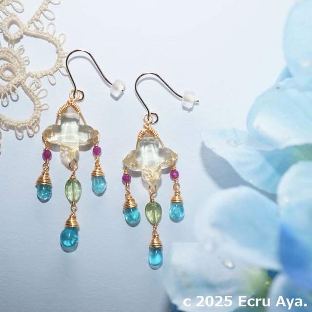 *雲間を縫って*レモンクォーツのスクエアクロスカットの光のピアス