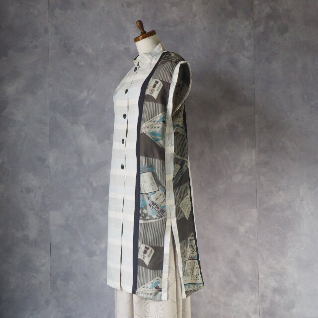 着物リメイク　ハンドメイド　紬ロングベスト　Lサイズ　キルティング加工 着物リメイク ハンドメイド 紬ロングベスト Lサイズ