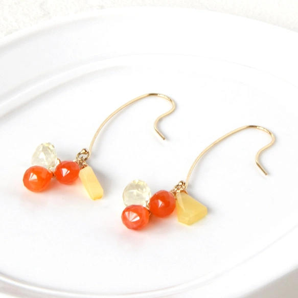 14lgf/夏蜜柑・カーネリアンxレモンクォーツロングフックピアス