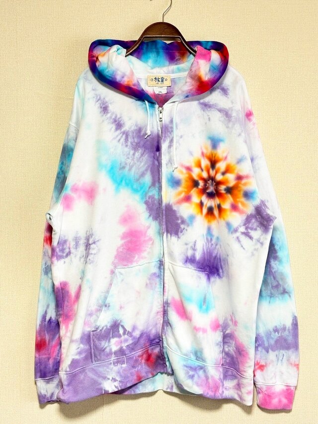 タイダイ染め フーディ ジップアップ パーカー カラフル XXLサイズ 曼荼羅 Hippies Dye最新作 HD24-15