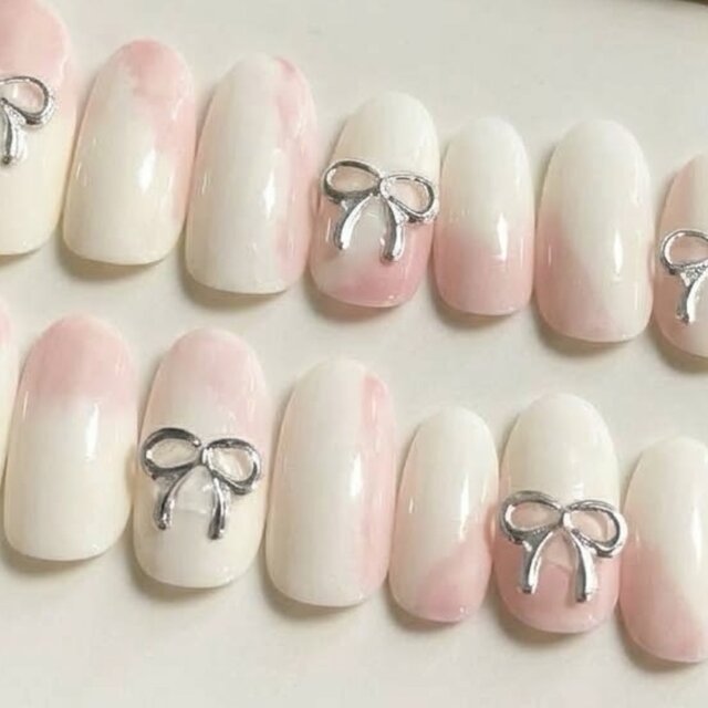 現品103୨୧ ネイルチップ リボン୨୧ 現品販売】初夏のふんわり大人可愛い♡リボンネイルチップ【14枚セット