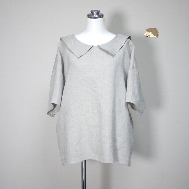 リネン◆ひらっとカラーのロングセーラーブラウス　半袖◆生成り◆フリーサイズ（中厚、リネン100％）