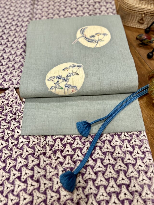 麻絽縮 トンボに秋草 染なごや帯 アップサイクル品 | iichi 日々