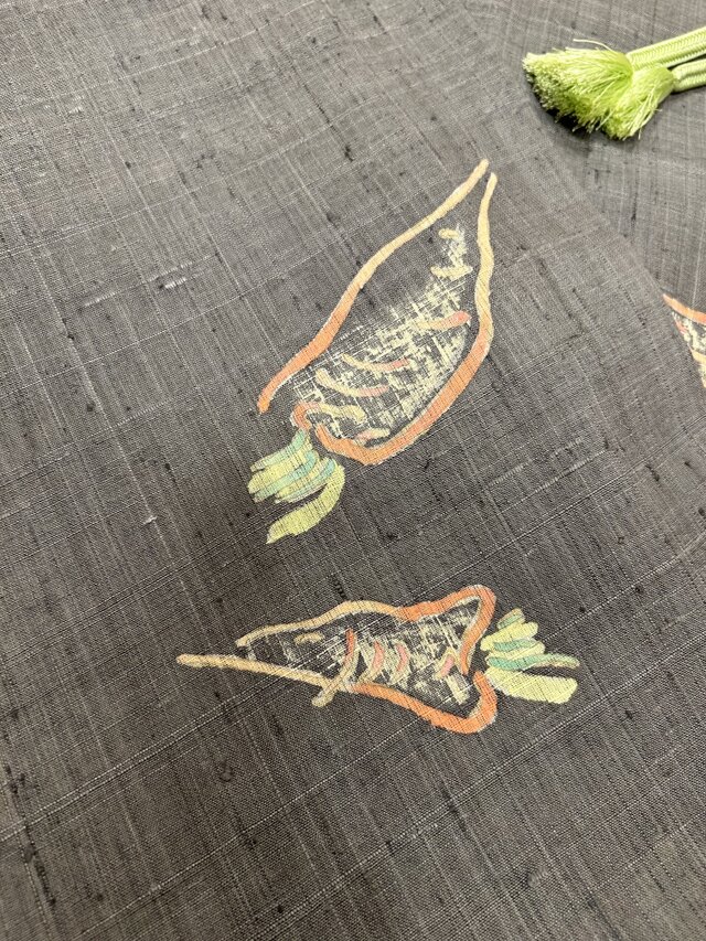 生紬　人参模様　お単衣着物　アップサイクル品