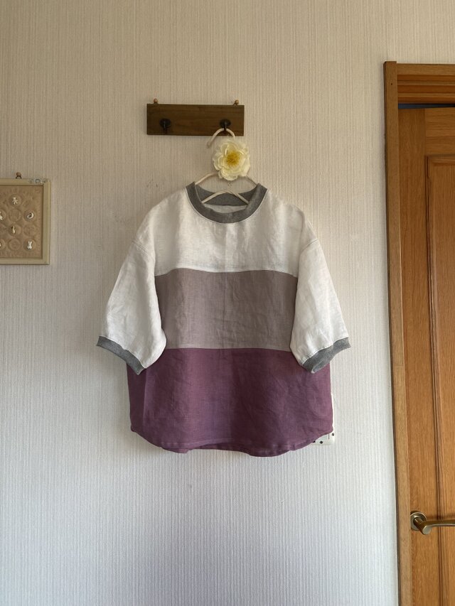 リネンの切り替えリブプルオーバーバイカラー