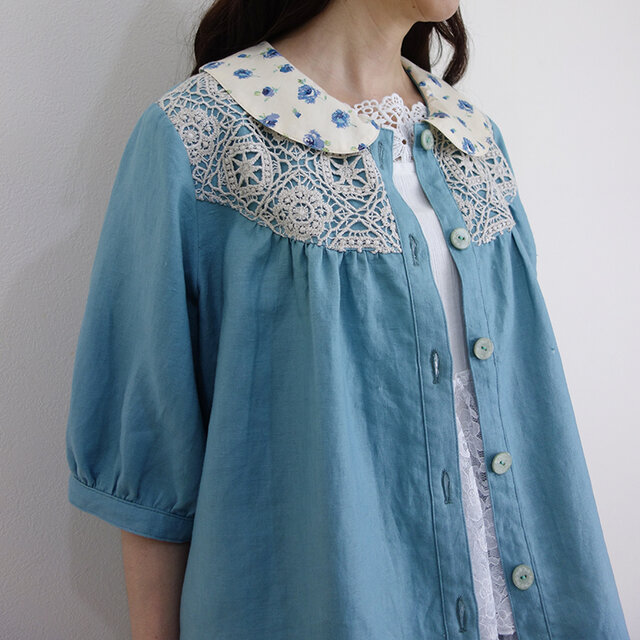 ラスト！[予約販売] リバティROSA襟のアイスブルーリネン羽織りブラウス（セットアップ可）