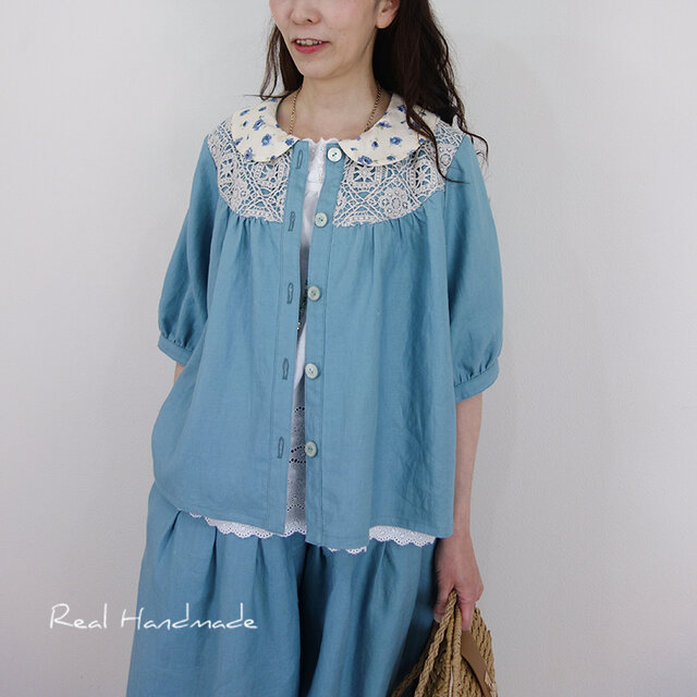 ラスト！[予約販売] リバティROSA襟のアイスブルーリネン羽織り