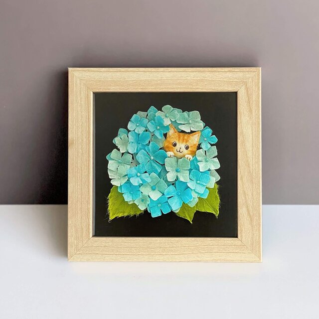 ［複製画］和紙ちぎり絵アートプリント（無料ラッピング付き)『紫陽花とトラ猫』梅雨空を彩る小さなウォールデコ