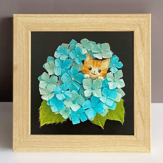 複製画］和紙ちぎり絵アートプリント（無料ラッピング付き)『紫陽花と