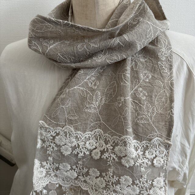 ハンドメイド◆ストール広幅リネン生成りリーフと実刺繍リーフフリンジレース金沢リネン