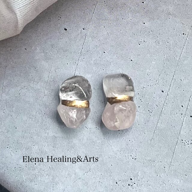 ガーデンクォーツ × ローズクォーツ 金継ぎピアス／イヤリング―やさしさと静けさの中で —