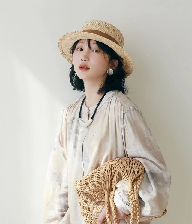ラフィアハット、麦わら帽子 夏帽子 大人 ストローハット、ミディアム