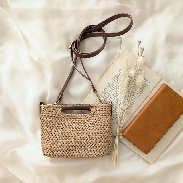 ラフィア風 2way ミニショルダーバッグ・W(TCフルステッチ・クロススッテッチ・キナリ)