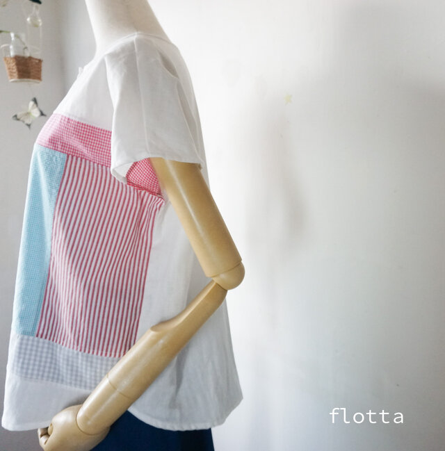 爽やかパッチワークなフレンチスリーブブラウスE(赤色mix)