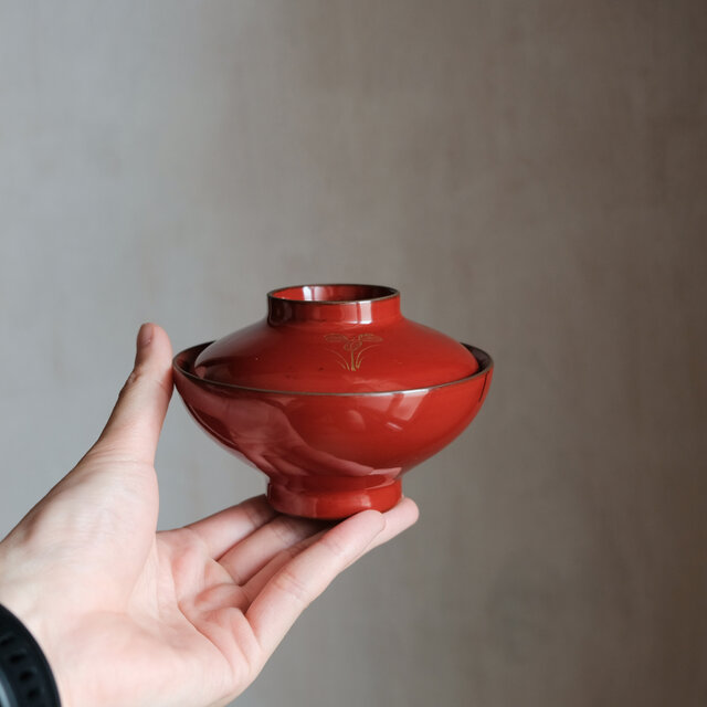 草と蜻蛉◇赤で素敵。古輪島塗 漆芸沈金蓋付椀 漆器 骨董・antiques 古