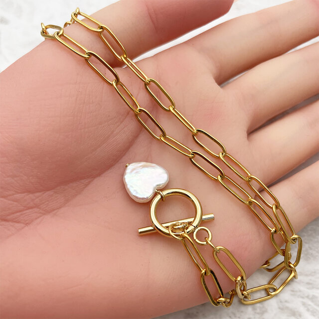 バロックパールのデザインネックレス ハート 淡水真珠 ゴールド系