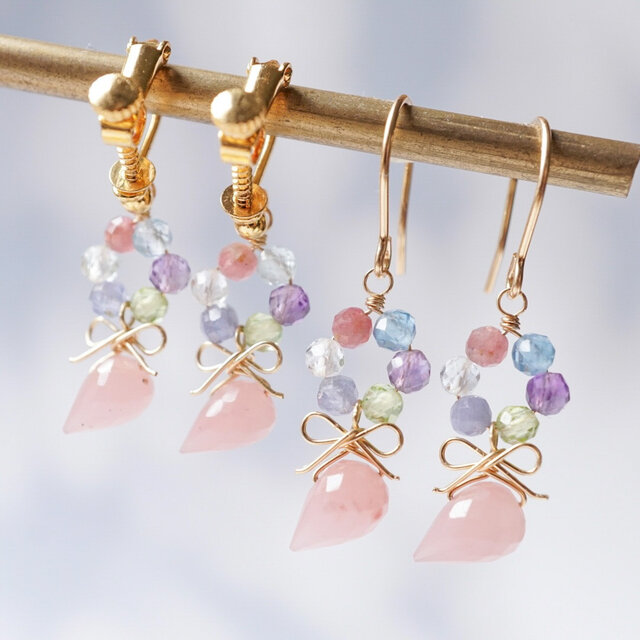 「紫陽花の花束」天然石リボンアクセサリー（ピアス／イヤリング）