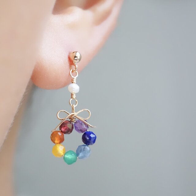 3点セット】「虹の花結」七色の天然石×淡水パール／リボン
