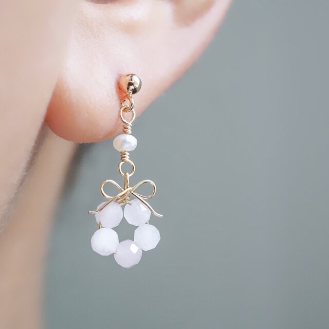 桜の花結」モルガナイト 淡水パール ピアス イヤリング リボン 天然石