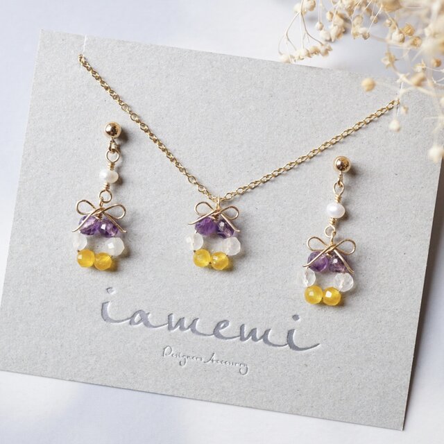 【３点セット】「ビオラの花結」アメジスト×淡水パール／天然石リボンアクセサリー（ピアス／イヤリング・ネックレス）