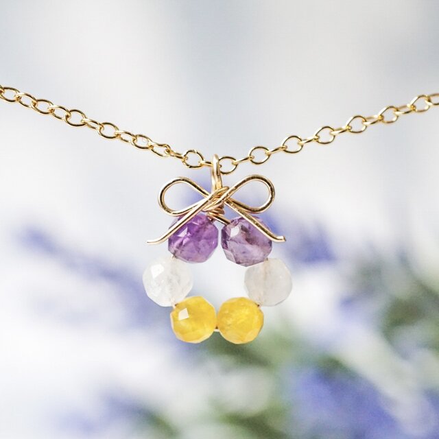 极美品♥ムーンストーン（彫刻）ネックレス天然淡水パール アメジスト14kgf ビオラの花結」ネックレス アメジスト ムーンストーン 淡水パール