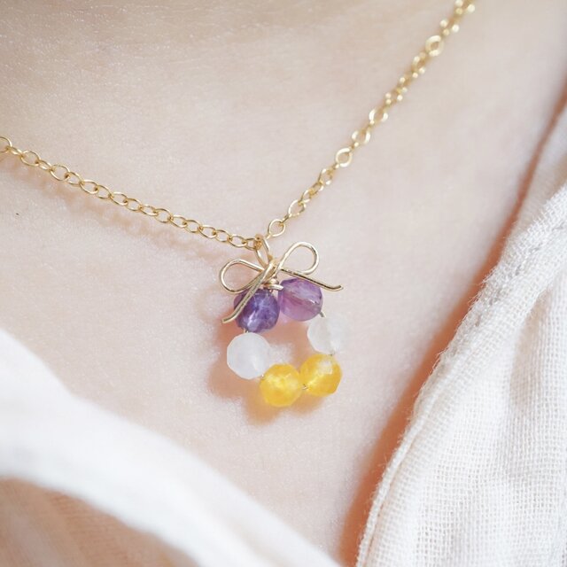 极美品♥ムーンストーン（彫刻）ネックレス天然淡水パール アメジスト14kgf ビオラの花結」ネックレス アメジスト ムーンストーン 淡水パール
