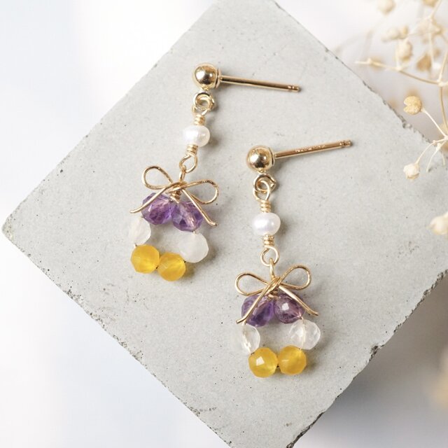 「ビオラの花結」アメジスト×ムーンストーン×淡水パール／天然石リボンアクセサリー（ピアス／イヤリング）