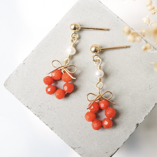 お得セット】「椿の花結」ピアス イヤリング ネックレス 赤珊瑚 淡水
