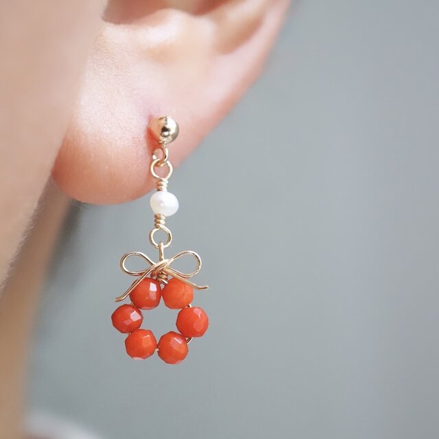 お得セット】「椿の花結」ピアス イヤリング ネックレス 赤珊瑚 淡水