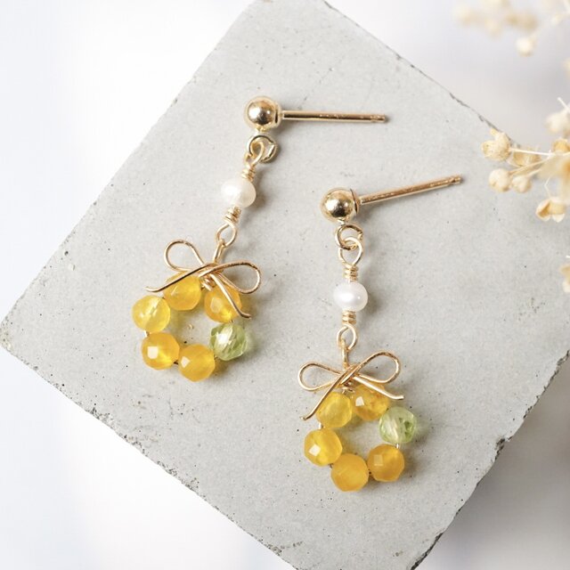 お得セット】「ミモザの花結」ピアス イヤリング ネックレス 淡水