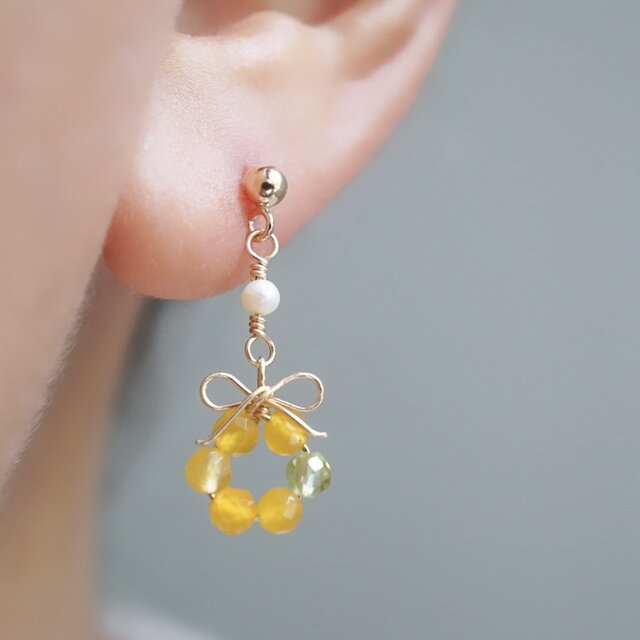 ミモザの花結」ピアス イヤリング 淡水パール イエロー リボン 天然石