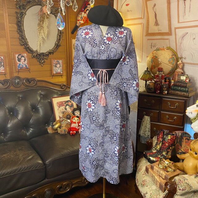 189 リップル　絞り浴衣　リメイク用　まとめ売り リップル絞り 浴衣リメイク セミロング ワンピース ドレス 帯サッシュ