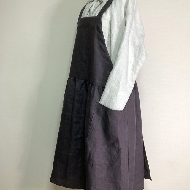 ハンドメイド作家さま☆リネン クロスギャザーエプロンワンピース エプロン コットンリネン おしゃれ ギャザー ワンピースエプロン