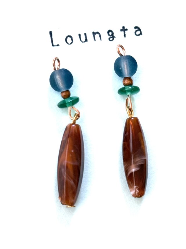 チェコビーズピアス ブラウン ネイビー ブルー グリーン 個性派ピアス 軽いピアス 樹脂ピアス