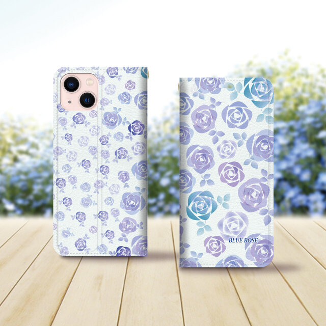 帯なし iPhone 手帳型スマホケース （カメラ穴あり/はめ込みタイプ）【スィートブルーローズⅡ】