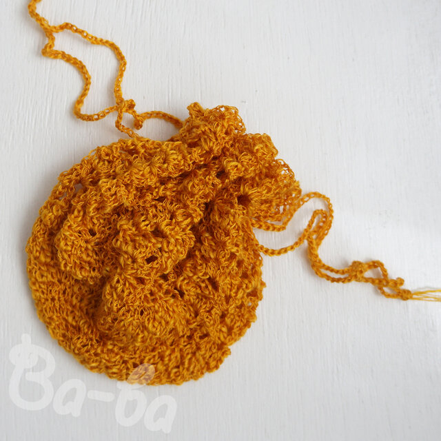 ばあば ♪ 透かし編みの、すけすけ巾着 （金柑・KPS1）