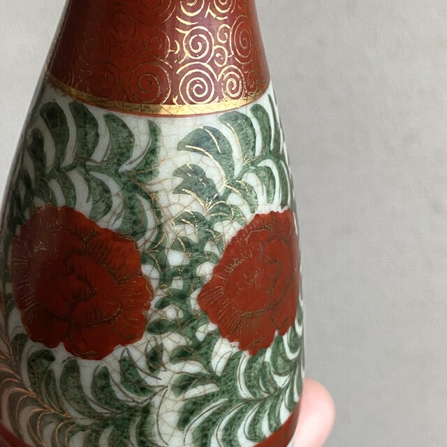 花とリーフ◇九谷焼 赤絵金彩徳利 酒器 インテリア 昭和レトロ