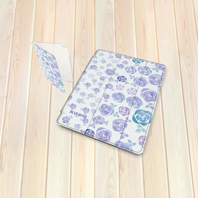 手帳型 iPadケース 【バックカバー：ハードタイプ】片面印刷/カメラ穴有【スィートブルーローズⅡ】